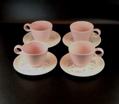 Vernon Ware Tickled Pink Speckled Coffee Cup Saucer Mid-century Set Of 4 Vtg