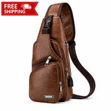 Brown Chest Crossbody Bag Sling Backpack for Men with USB Charge Port