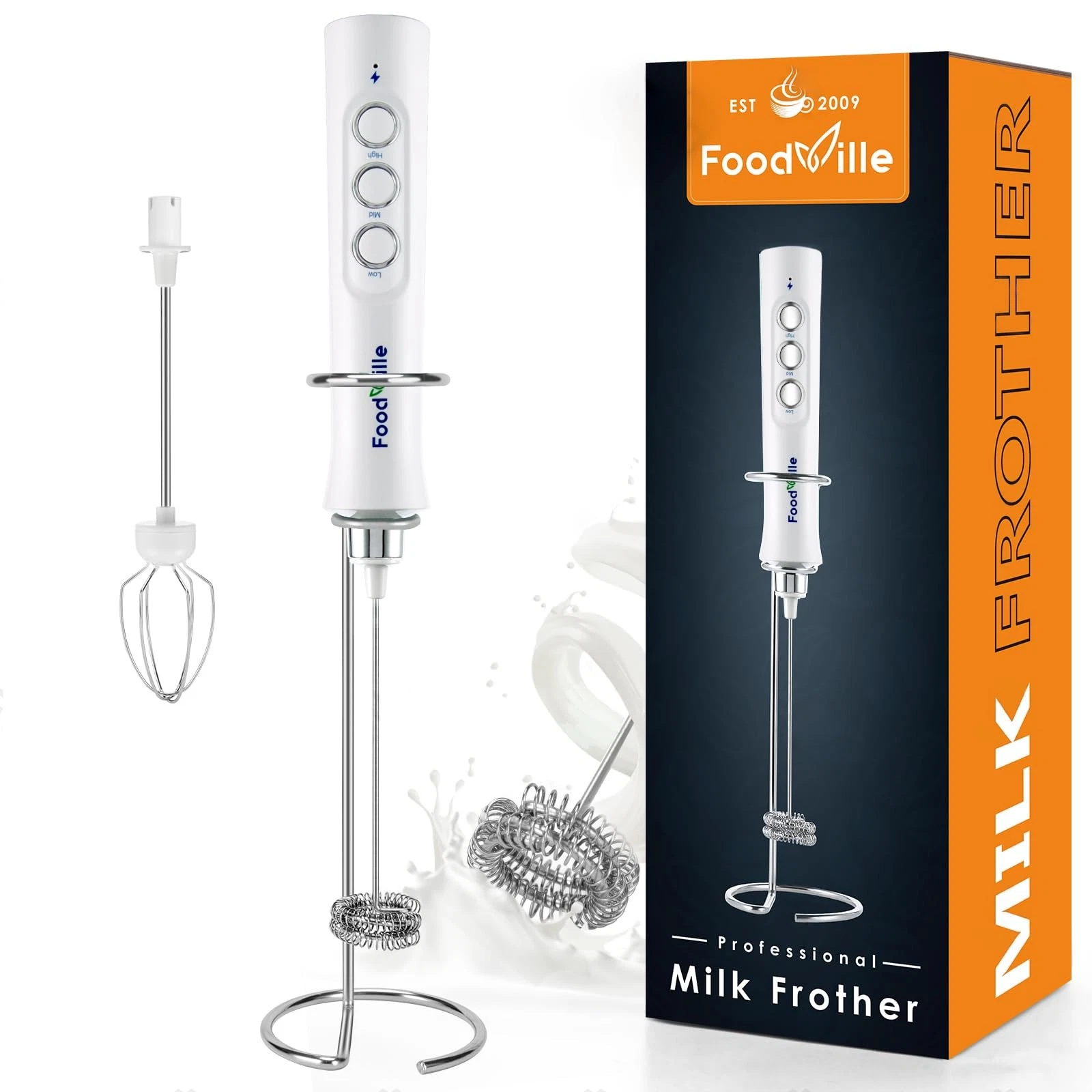 MF02 Rechargeable Milk Frother Handheld Foam Maker with Stainless Whisk for C...