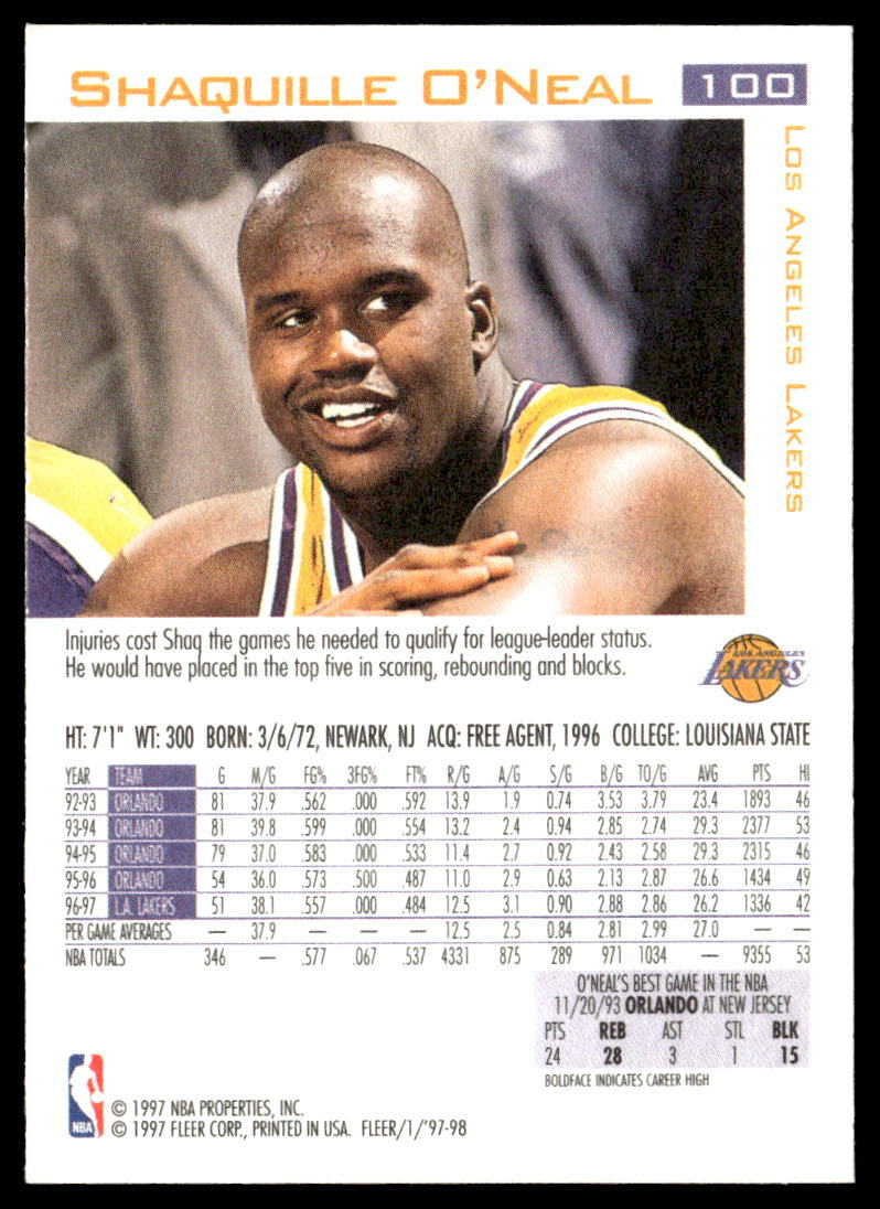 1997 Fleer #100 Shaquille O'Neal Basketball | eBay