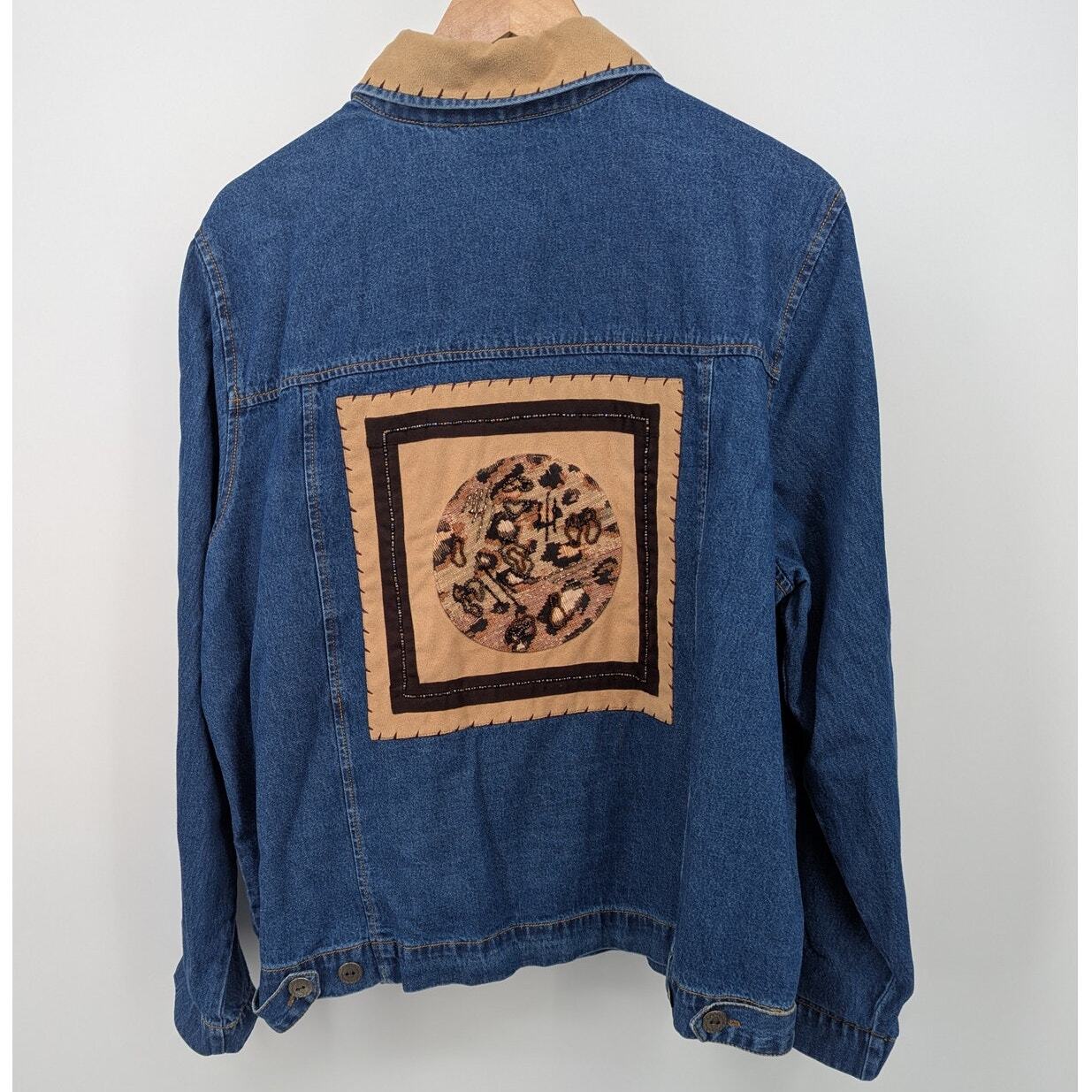 Vintage Studio Works Denim Jacket w Faux Suede Collar & Back Patchwork Womens XL