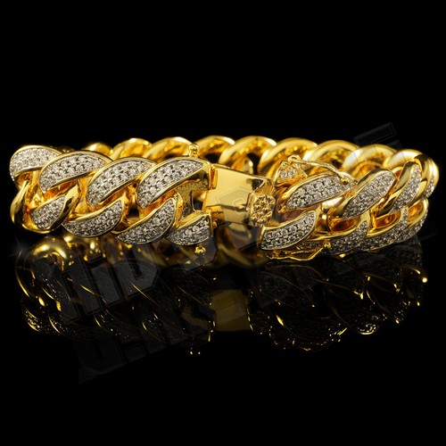 18K Gold Plated Iced 2-Row Lab CZ CUBAN Miami Link Bracelet 15mm - Picture 4 of 5