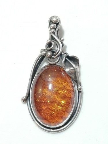 Pendentif Ancien Ambre Et Argent 925 - Chaîne Longue Vintage