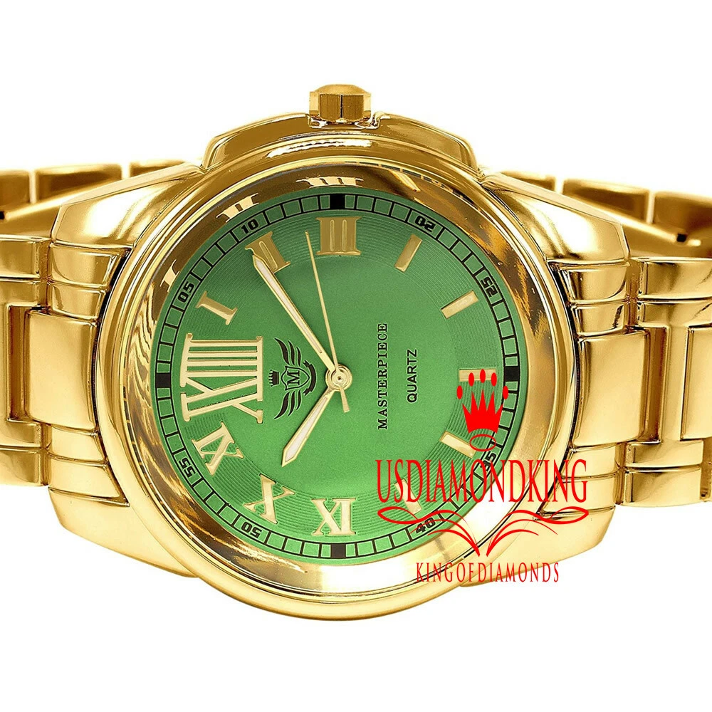 Roman Numeral Face Mens Green Dial Gold Finish Water Resistant Metal Band Watch