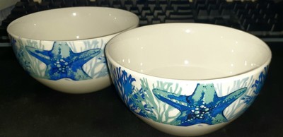 NEW!! Royal Norfolk Cereal Bowls White/Blue Starfish in Coral Reefs - Set of 2
