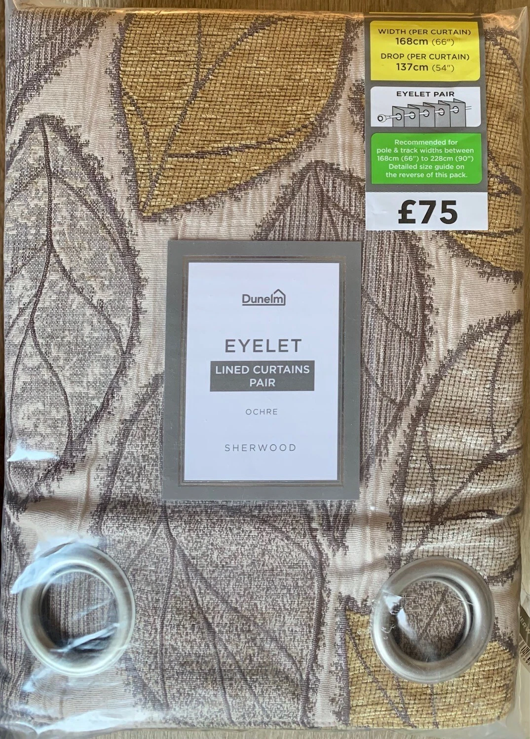 Dunelm Sherwood Ochre & Brown Leaves Eyelet Curtains - 66" x 54" (W x L) Pair