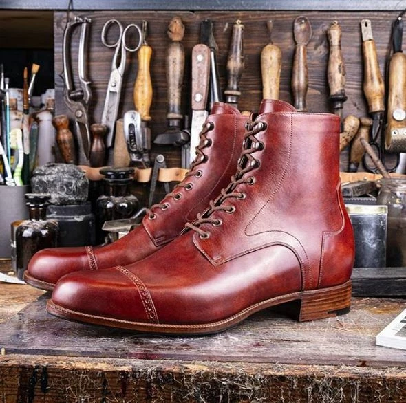 Handmade men red brogue chukka lace up high ankle dress boots real leather boot