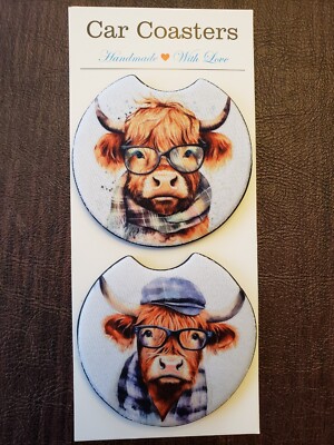 Highland Cow Winter Car Coasters Set 2, Male & Female