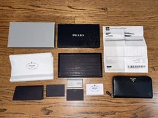 100% Auth PRADA Black Saffiano Wallet Nero Metal Oro Full Zip Around Receipt Box
