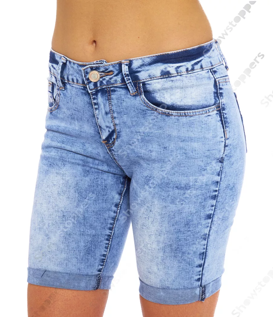 Mujer Denim Azul Pantalones Cortos Largo Hasta La Rodilla Con vuelta