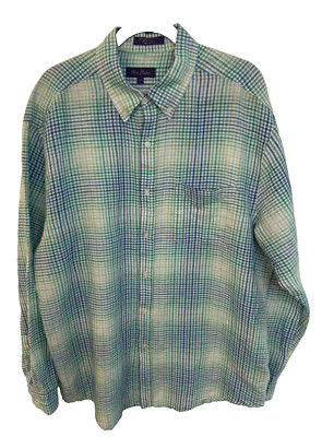 Alan Flusser Size XL Linen Blend Blue Green Plaid Long Sleeve Button Down Shirt