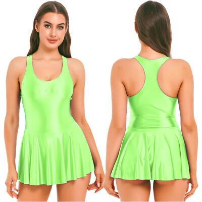 Damen Glossy Tank Kleid Einteilig Badeanzug Ärmello U Ausschnitt Leotard Kleider
