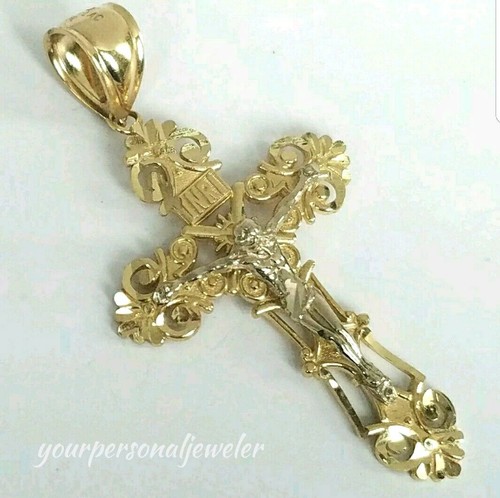14K Solid Two Tone Gold Fleur De Lis Inri Jesus Crucifix Cross Pendant Necklace