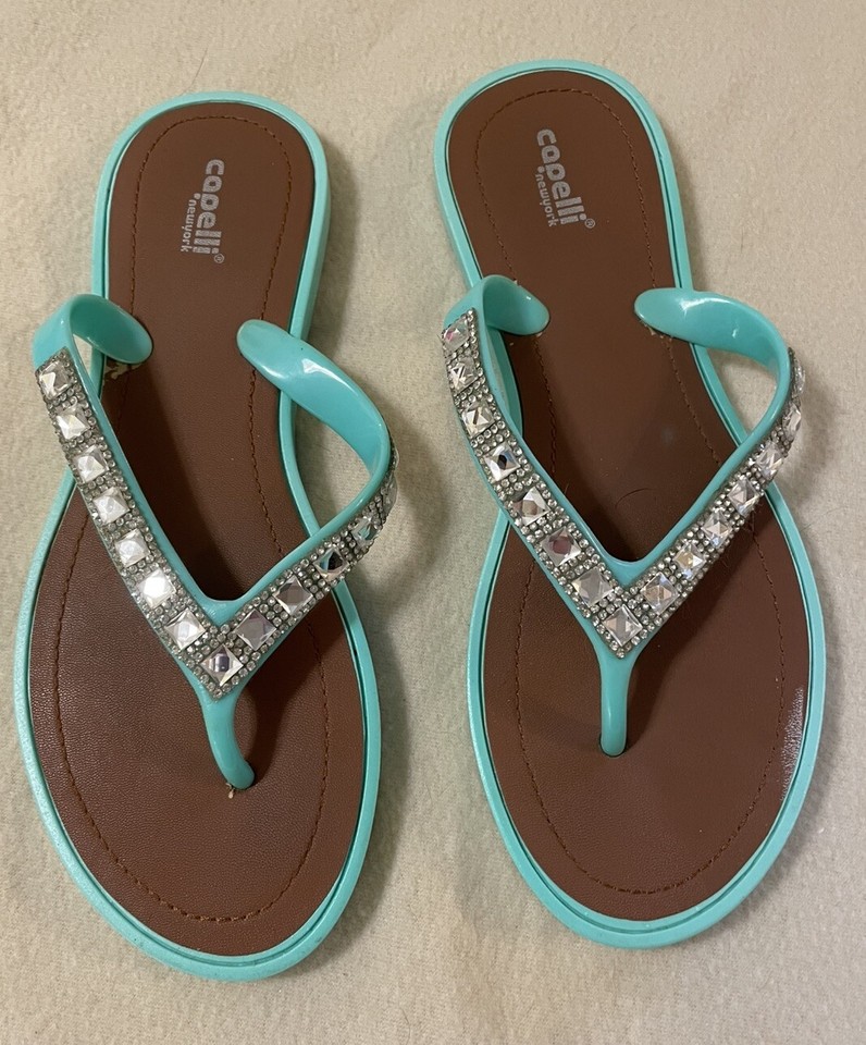 Capelli New York Flip Flops Women’s Size 9 Jeweled Turquoise Slides Sandals