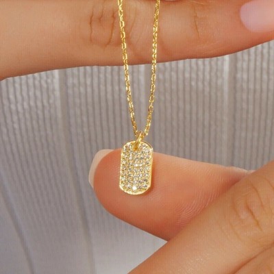 1.50 Ct Round Cut Simulated Diamond Dog Tag Pendant 14k Yellow Gold Plated Chain