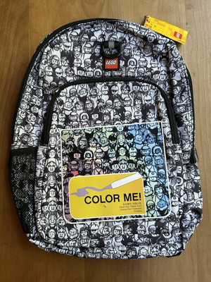 Brand New LEGO Minifigure Graphic Print Large Backpack Black White Color Me NWT
