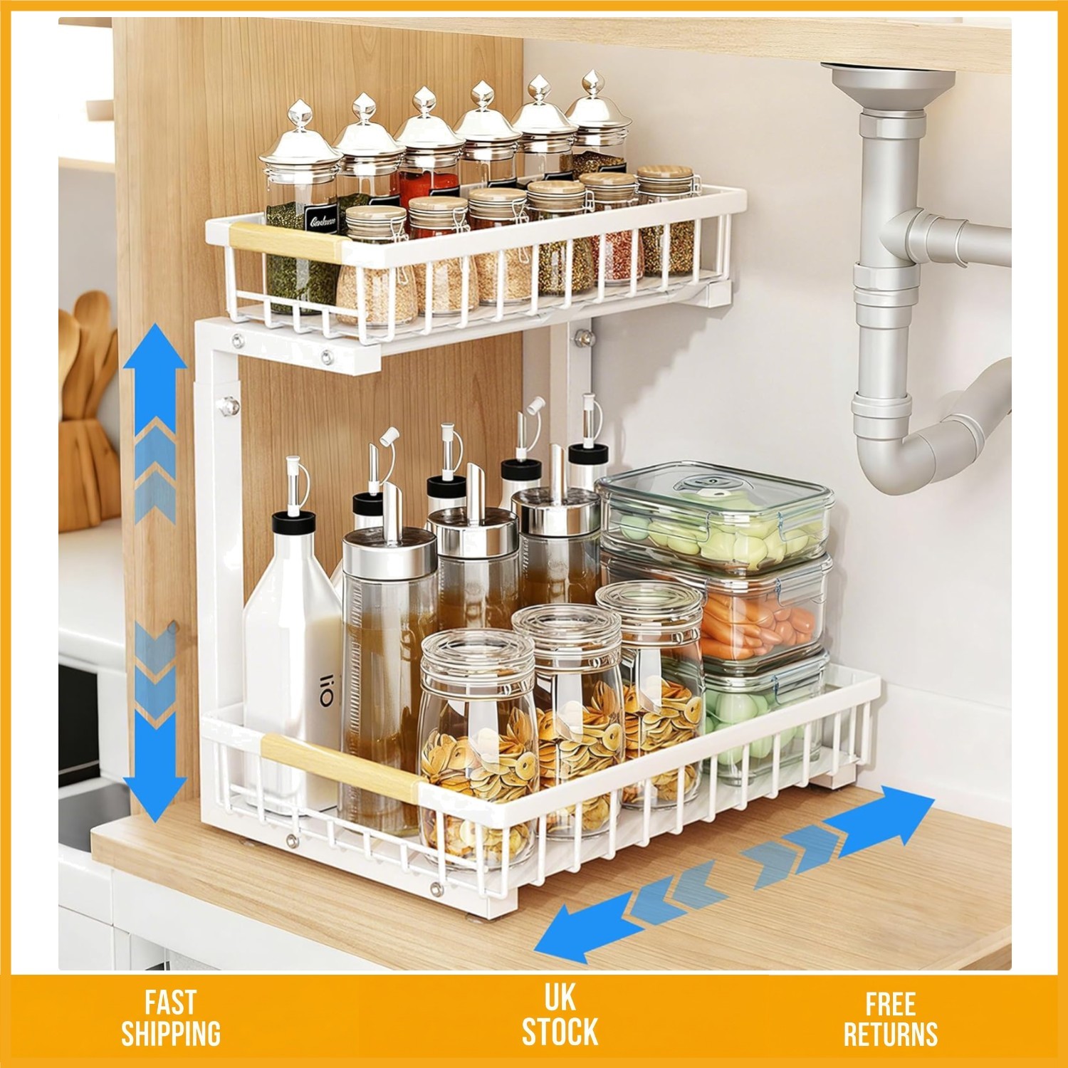 Extra Wide 2 Tier Sliding Under Sink Cabinet Organiser White 1 Pack