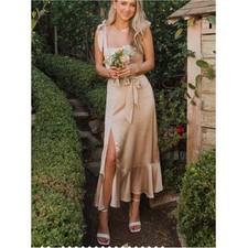 Show Me Your MuMu Champagne Satin Midi Dress with Ruffle Hem