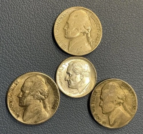 Silver U.S Coins - 1964 P Roosevelt Dime BU + 3 Silver War Nickels