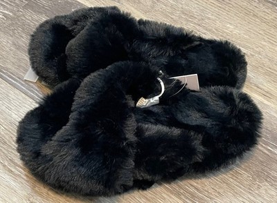 NEW Lauren Conrad Black Faux Fur Black Slippers womens sz large 8-9 LC fuzzy