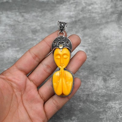 Dainty Yellow Praying Lady Gemstone 925 Sterling Silver Handmade Pendant Jewelry