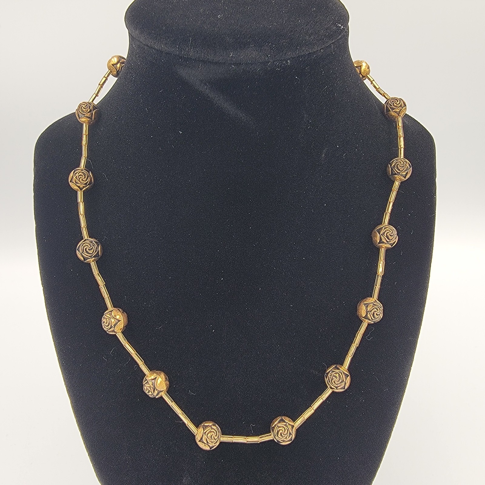 Vintage Gold Tone Rose Bead Necklace Floral Ball Stations 22”