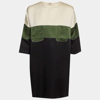 Celine Etuikleid weiß grün schwarz Satin Colorblock M