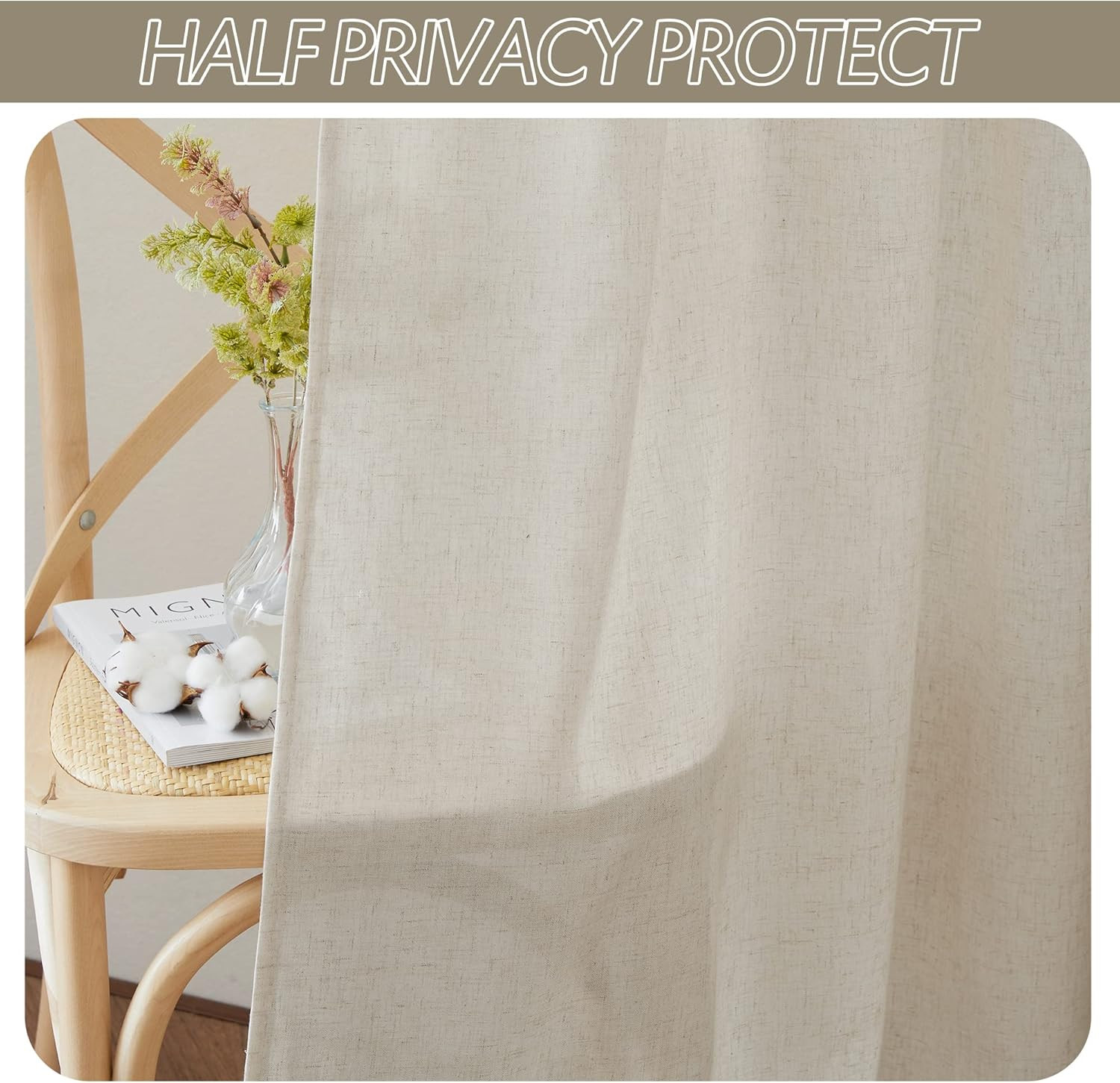 RYB HOME Flax Linen Blend Curtains 52"W x 84"L (Pack of 2), 