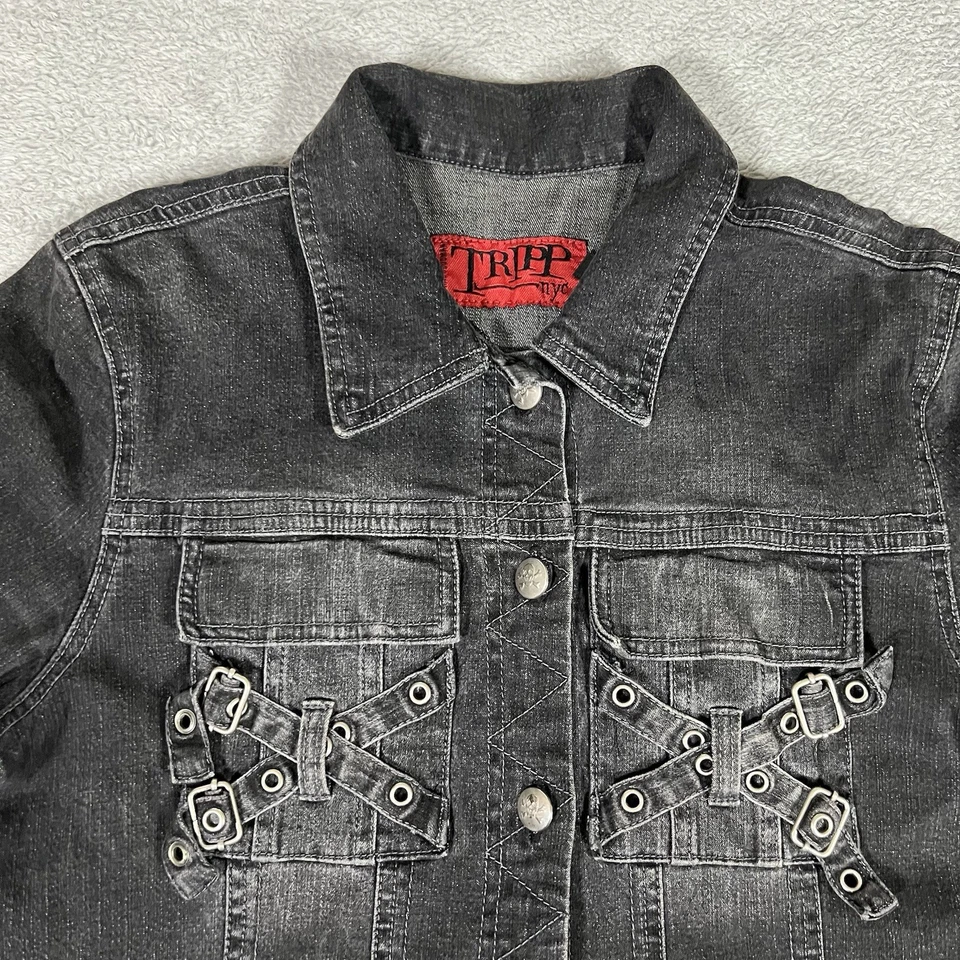 Chaqueta Tripp NYC Mujer Grande Punk Negra Denim Camionero Hebillas Cruzadas Y2K De Colección Foto 3 de 4