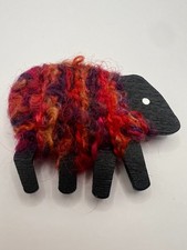Handmade Black Sheep Brooch Textile Wool Fiber Wood Statement Pin Folk Art 2.75"