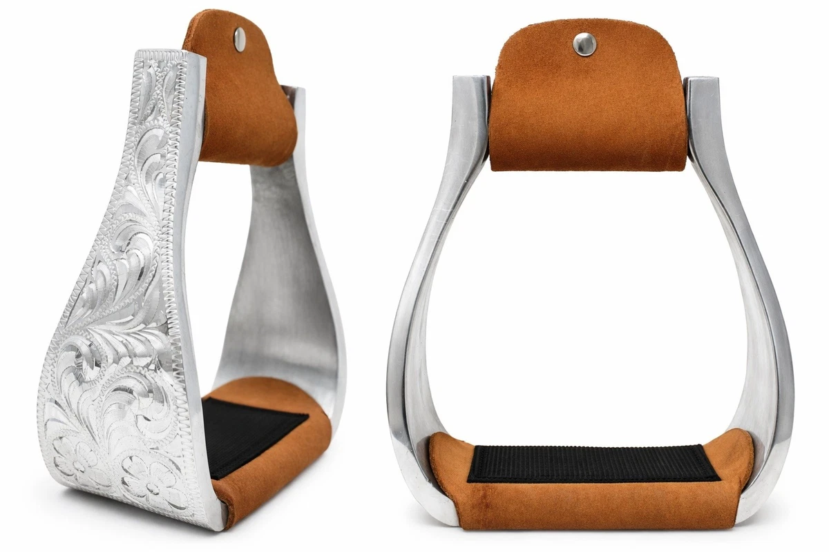 SOLD****** Black Aluminum Engraved Stirrups Gorgeous silver engravings Rubber grip tread 3 beck 2 tread 5 width $60 Available at ReRide! We ship Canada wide