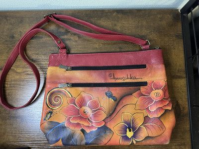 Anuschka Genuine Leather Crossbody Floral And Butterfly Hand Painted Purse