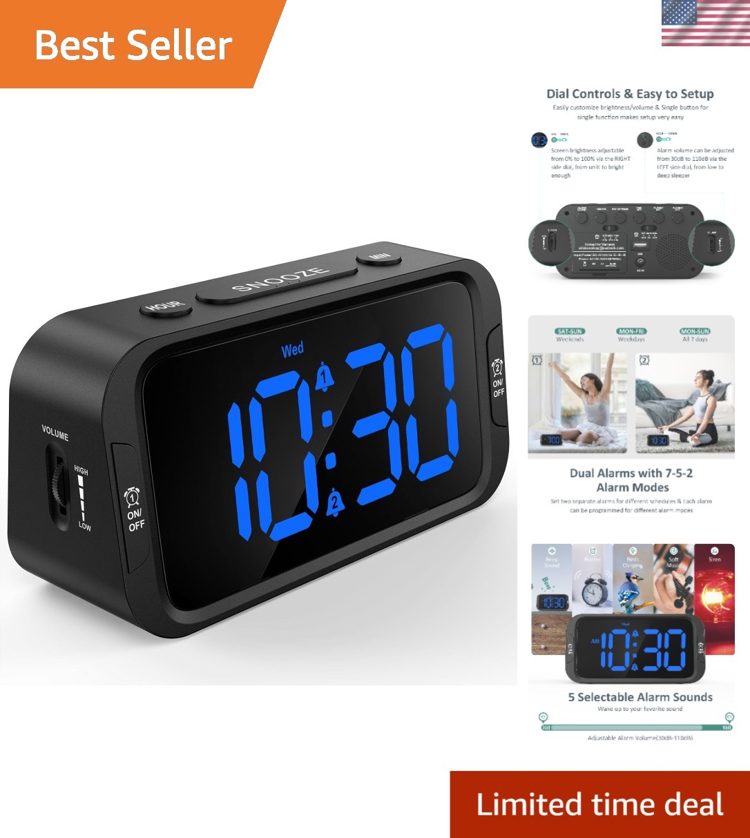 With Dual Alarms Usb Charger Dimmer Snooze 12 24h