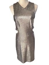 Halston Heritage Metallic Silver Cutout Sequin Dress Sleeveless V-Neck Party Gla