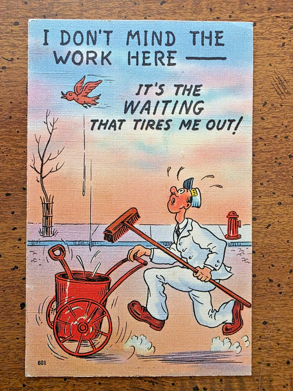 LINEN COMIC POSTCARD OF A CLEANER RUNNING, "I DON'T MIND THE WORK HERE...", 1955
