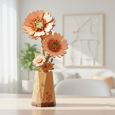 Creative 3D Wooden Flower Puzzle - Light Orange Gerbera Daisy, 105 Pieces
