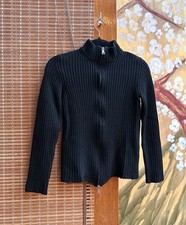 Vintage Prada Ribbed Knit Mock Neck Wool Zip Up Sweater Cardigan Black Sz 42