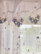 3 blue floral Embroidered Curtain Valances  60x15 white blue and taupe 