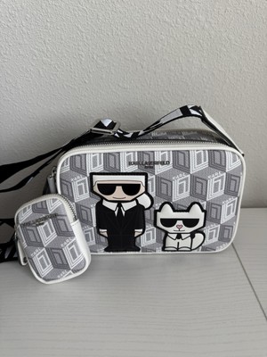 NEW! KARL LAGERFELD Maybelle Karl & Choupette Camera Crossbody Bag White Gray