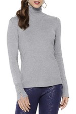 IMAN Women's Global Chic Turtleneck Sweater w Button Cuff Light Gray