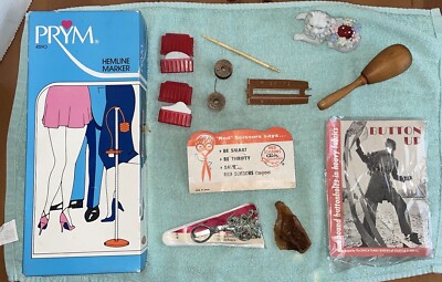 Vintage Sewing Notions-Scissors-Beeswax-Hemline Markers-Silk Thread-Needles-More