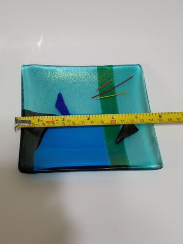 Gaya Studio Art Glass Square Trinket Dish Plate Green Blue Mid Century Modern - Picture 7 of 11