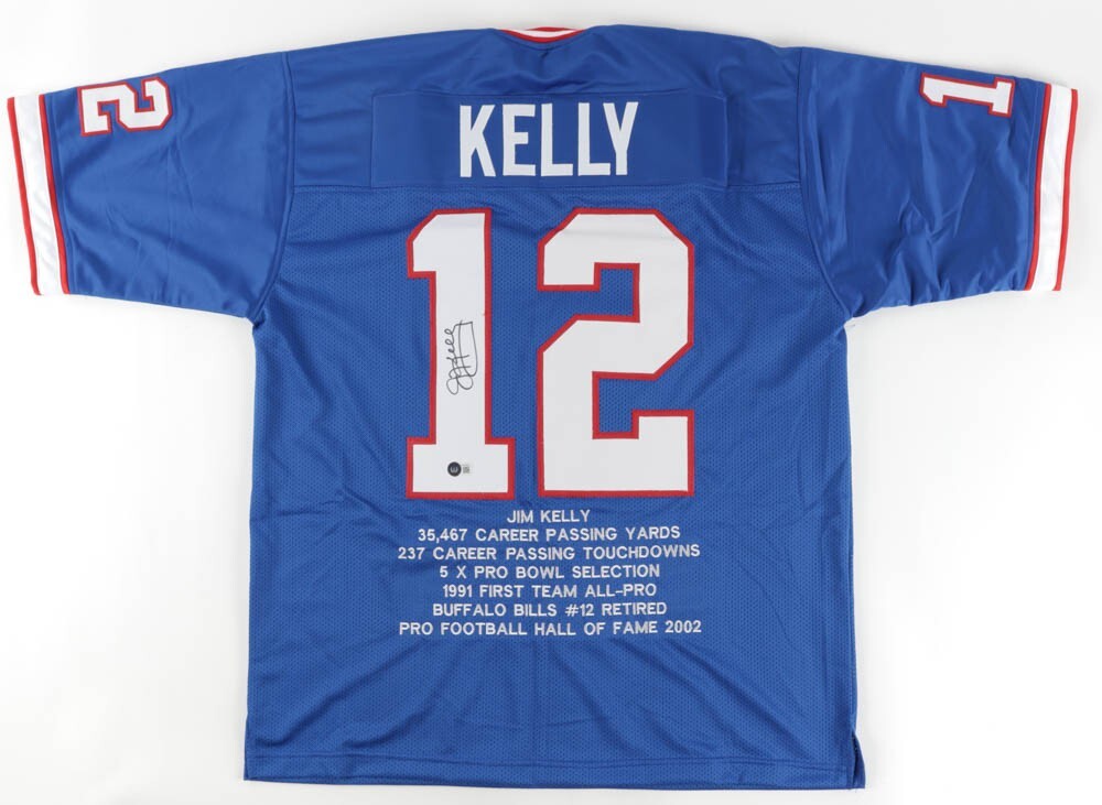 Jim Kelly Autographed Signed Buffalo Bill Career Highlight Stat Jersey (Beckett) HOF 2002 Qb 