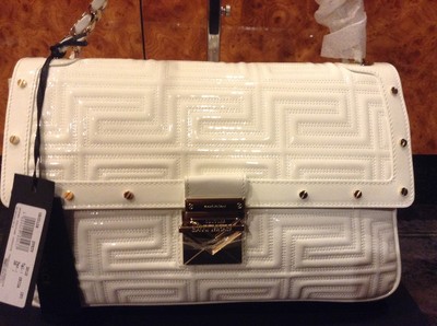 $2,375.00 Versace women Couture patent white quilted studded leather,chain strap