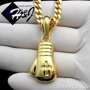 Authentic 18-36"Stainless Steel 5mm Gold Plated Cuban Curb Chain Boxing Glove Pendant*75