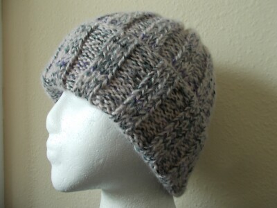 Hand knitted cozy and warm beanie/hat, tan with purple/black/gray/white twist