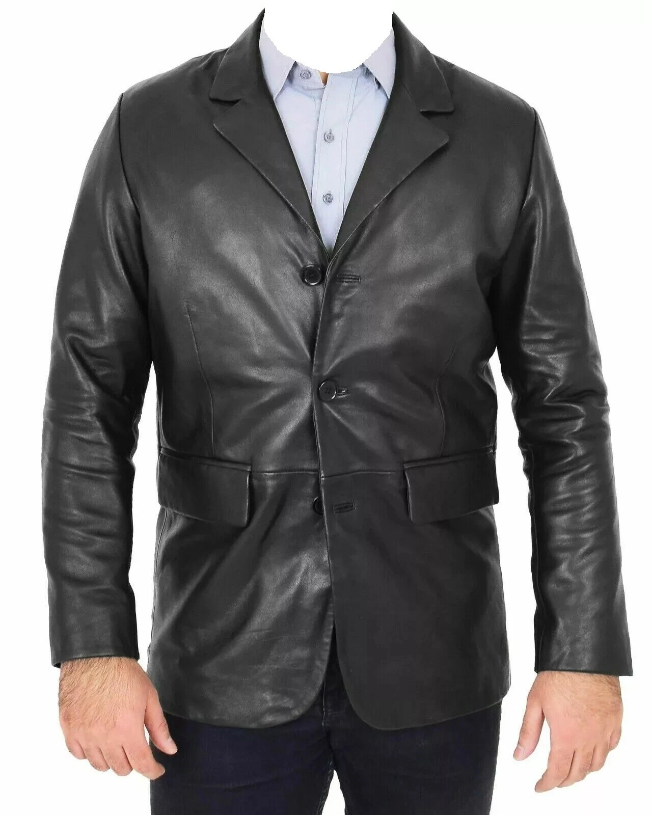 Men's Genuine Lambskin 100% Pure Leather Blazer Three Button Jacket Black Coat