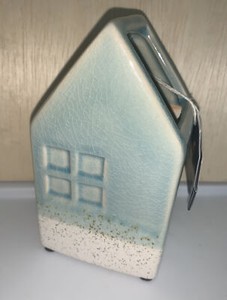 Scott Living Home Glazed Ceramic House Shaped Aqua Blue 6" Tall Flower Vase
