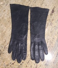 Vintage Womens Size S 6 Black Soft Leather 11" Long Gloves Eyelet Floral