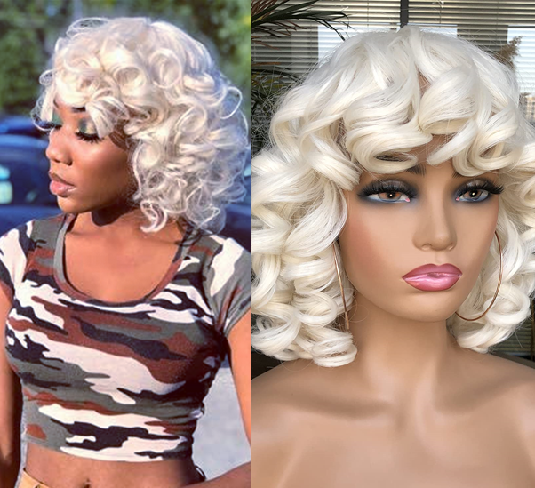 Platinum White Blonde Curly Afro Short Wigs with Bangs for  display picture 2